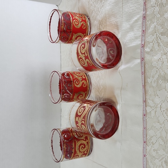 Culver Red with Gold Scroll Lowball Glasses Set of 5 - Picture 2 of 9